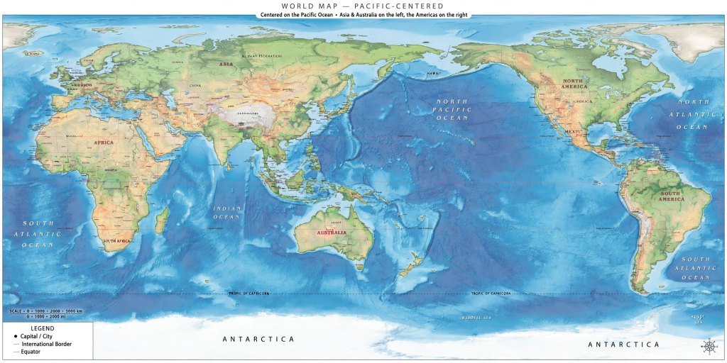 world map pacific ocean in center 